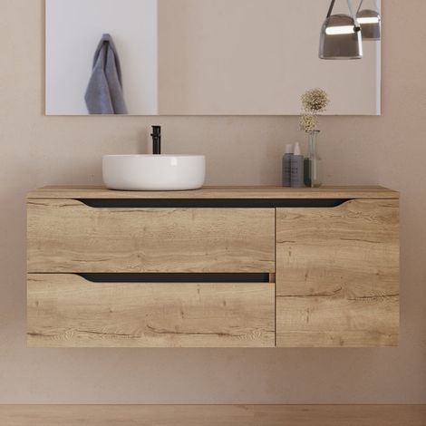 Meuble de salle de bain 120cm avec plateau et vasque à poser déportée à gauche Ares - sans miroir - 2 tiroirs et un placard - madera miel (bois clair) - ZARZA