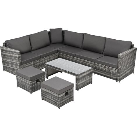 Rattan Garden Furniture Set 8 Seater Rattan Sofa Garden Corner Sofa Set Garden Lounge with Coffee table & 2 stools