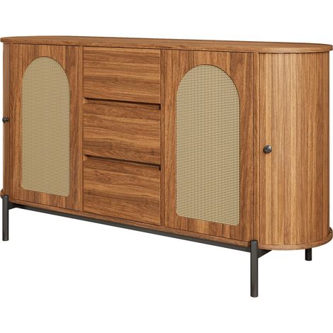 Credenza ovale in MDF color noce con ante in rattan, 3 cassetti e ripiani regolabili (1/5)