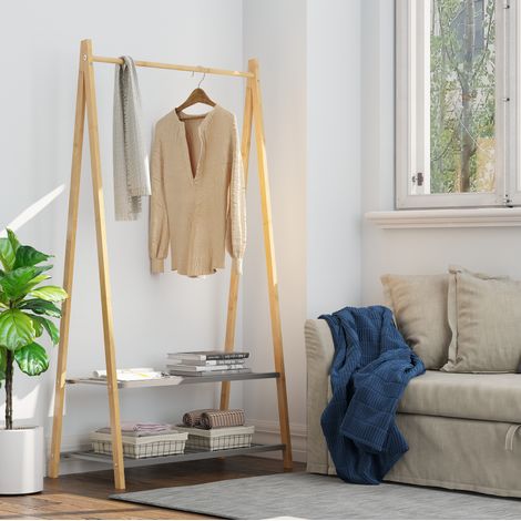 Perchero de pie de bambú natural con 2 estantes, armario abierto compacto en forma A con barra para ropa y almacenaje, 80 x 40 x 150 cm (1/5)