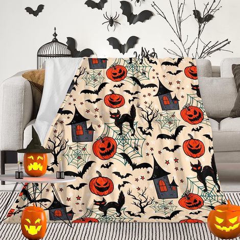 Couverture d'Halloween - Chauve-souris, fantôme et citrouille - Décoration d'Halloween douillette pour canapé, lit ou salon (127 x 152 cm) - Style 6 (1/4)