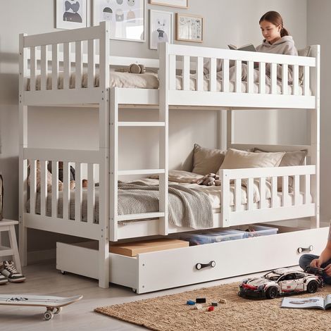 Lit Superposé Separable KUBUS 90x200cm Blanc - Bois Massif Pin avec Tiroir, Sommier et Barrière