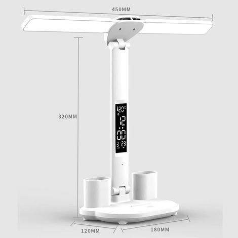 Lampe de Bureau Sans Fil à LED pour Enfant avec Heure Calendrier Température 2 Porte Stylo, 7W Double Tête Desk Lamp Dimmable 3 Modes de Couleur, Contrôle Tactile Protection des Yeux, Blanche (1/4)