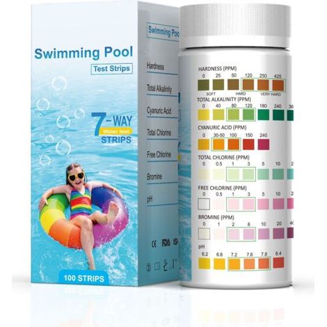 100 Pack Swimming Pool Test Strips - pH and Chlorine 7 in 1 Water Hardness - Total pH - Free Chlorine - Total Alkalinity, Bromine, Cyanuric Acid (1/5)