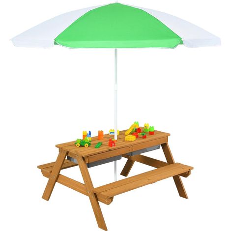 Pour jouer dehors à plusieurs, table enfant convertible avec bacs eau et sable, parasol amovible (1/5)