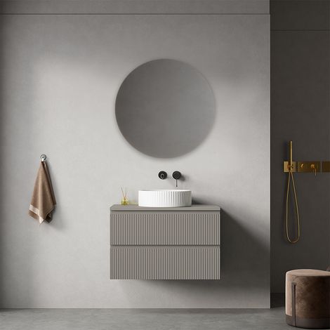 Mobile bagno sospeso cannettato 80 cm Grigio Cenere per Lavabo d'appoggio Specchio Tondo - Fiji Paint Top Canneté (1/4)