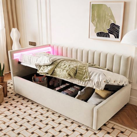 Cadre de lit beige en upholstered 206 x 95 x 68,5 cm (1/5)