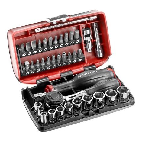 Facom – Coffret cliquet et douilles 1/4'' carré – 38 pièces – Pour travaux mécaniques – Acier au chrome vanadium – Précision professionnelle