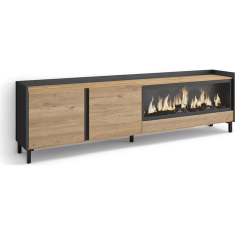 Skraut Home - Mobile TV Soggiorno, Ampio spazio a disposizione, 212x35x61cm, Per TV fino a 80", Camino elettrico XXL, Design industriale, Stile moderno, Rovere e nero (1/5)