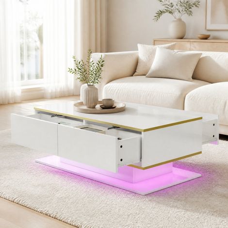 Mesa de centro LED con 3 cajones y hueco abierto 100 x 50 x 40 cm blanco y dorado DESVIAE (1/5)