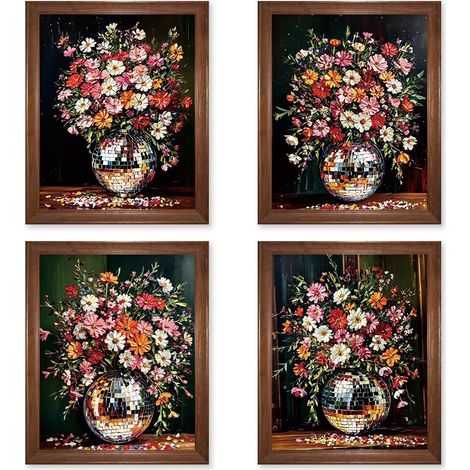 1 pièce 2 Styles Disco Ball Wall Art 3 Pouces Affiches Florales sans Cadre Fleurs Sombres Colorées et Moody dans Un Style Disco Ball Rétro Éclectique Impressions Murales pour Chambre à (1/5)
