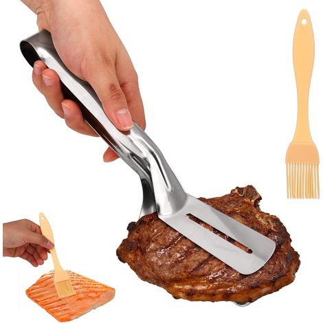 Pince à Griller et Brosse Silicone, Ensemble de Pince à Griller en Acier Inoxydable de Qualité Supérieure et Brosse Huile en Silicone Idéales pour Retourner Viande Poisson Steaks Saucisses (1/5)