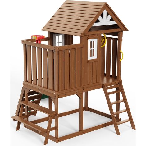 Mophorn Casetta da gioco in legno per esterni,casetta da gioco in cedro in stile country,casetta da gioco moderna in cedro con finestre,scivolo,scala,parete da arrampicata,panca e tavolo da picnic (1/5)