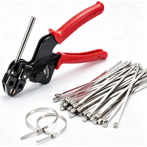 Pistolet d'attache de Serre Cable Acier Inoxydable, Pistolet pour Collier de Serrage Métal avec 100 Attaches Autobloquantes en Métal de 30 cm, Kit Outil de Tension et Coupe pour Clôture, Tuyau d’Échap (1/5)