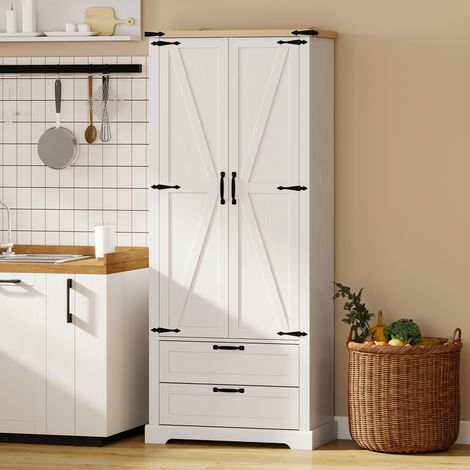 Buffet Haut Armoire de Cuisine 2 Portes 2 Tiroirs Étagères Réglables Style Rustique 76x40x180cm Blanc
