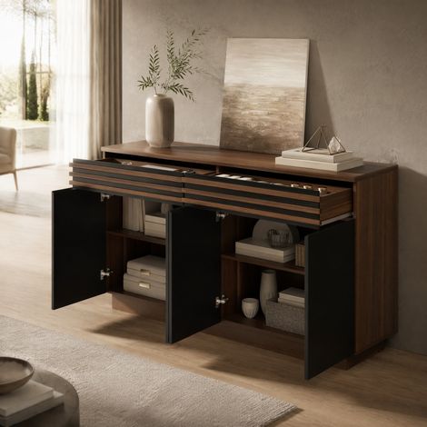 MEUBLIV Sideboard 150 x 40 x 85 cm noir et brun – 2 tiroirs, 4 portes, grand rangement (1/5)