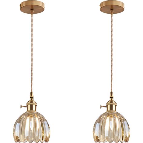 Suspension Vintage en Verre avec Douille E27 et Interrupteur Rotatif, Luminaire Plafonnier avec Abat-Jour en Forme de Pétale pour Cuisine, Salle à Manger ou Chambre (ambre, 2 pièces) (1/5)
