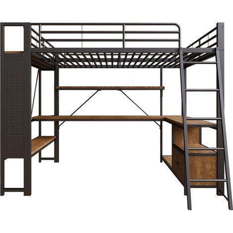 Letto a soppalco 140 x 200 cm in metallo con scrivania, vani contenitore e mensole nero (1/5)