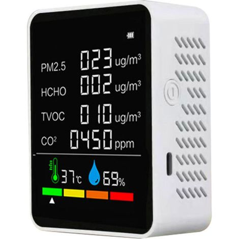 Détecteur qualité air CO2/PM2.5/COV/HCHO, T°/humidité, consommation – LCD couleur, auto-calibration, pour maison. (1/5)