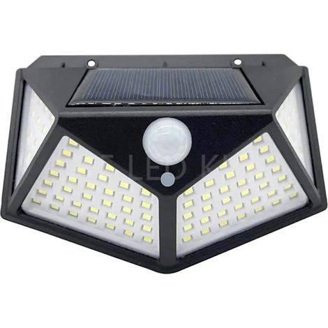 Applique murale solaire extérieure (100 LED) à 4 côtés, éclairée par 100 LED avec détecteur de présence, étanche IP65, 3 modes d'éclairage, idéale pour jardin, garage ou avant-toit. (1/5)