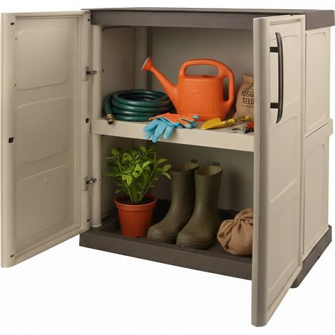 Dmora Mehrzweck Außen oder Innenschrank, niedriger Kleiderschrank mit 2 Türen und 1 Polypropylen Regal, 100% Made in Italy, 70x39h86 cm, beige Farbe