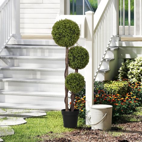 Plante de buis artificielle avec 3 boules, pot inclus et base renforcée, hauteur 115 cm (1/5)