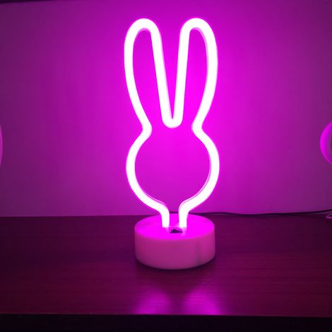 Signes néon LED Lapin, lumières néon créatives en forme de lapin avec base, alimentées par piles/USB, décorations de fête pour chambre, mariage, anniversaire, festival, décoration de printemps - Rose