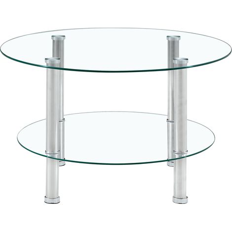 Tavolino da salotto in vetro temperato a due livelli, 70 cm, gambe metalliche argentate (1/5)