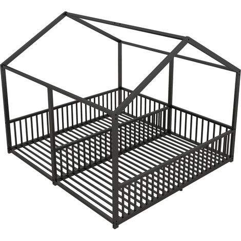 Lit enfant en métal 90 x 200 cm, structure maison avec barrière et échelle, noir (1/5)