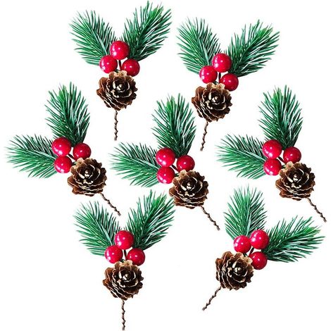 Pine Cone Picks - Artificial Christmas Decorations with Red Berries and Holly Leaves - For Tree Wreath Garland Centerpiece - 20 Pieces (1/4)