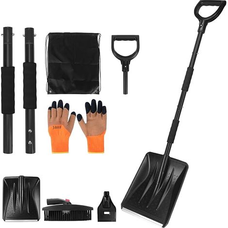 Kit pala da neve retrattile con raschietto per ghiaccio e spazzola per neve per ghiaccio, neve, auto con custodia e guanti (Nero) (1/5)