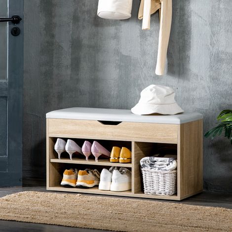 Finition bois - Armoire à chaussures gain de place avec 3 compartiments et siège en PU, pour le salon et le couloir, 80x30x43 cm