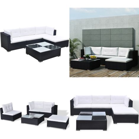 Set Divani da Giardino 5 pz con Cuscini in Polyrattan Nero - Tavolino da giardino - Set da giardino
