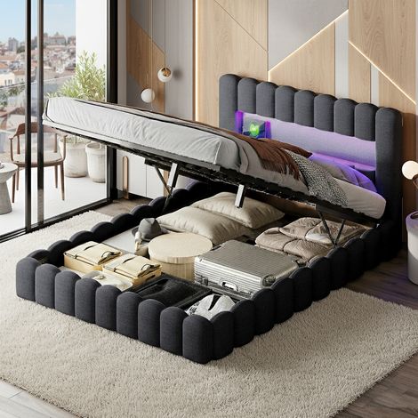 Lit double capitonné 140x200 cm avec LED et USB, lit hydraulique avec étagères ouvertes et rangement caché, lits bubble avec sommier à lattes, lits 2 personnes, velours, gris (1/5)