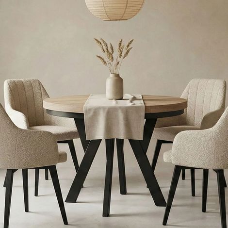 Table de salle à manger ronde extensible PERO avec cerclage métallique, style loft, diamètre : 110 / 160 cm, couleur :Sonoma / noir (1/5)