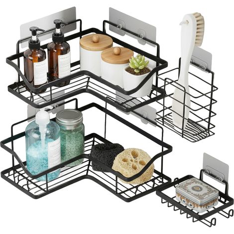 Kit 4 Mensole Adesive Da Parete In Metallo Con Ganci – Senza Fori