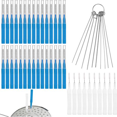30pcs Brosse Nettoyage Pommeau de Douche, 2 Styles et 10 Aiguilles de Nettoyage Multi-Tailles pour Petits Trous Fissures Salle Bain et Fenêtres (Bleu) (1/5)
