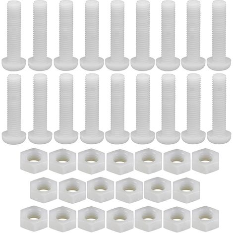Packung mit 20 weißen Nylon-Sechskantschrauben, M8 x 50 mm, Kreuzschlitz-Rundkopf mit Sechskantmuttern, vielseitig einsetzbare isolierte Schrauben für Industriemaschinen, Möbel und Heimwerkerprojekte.