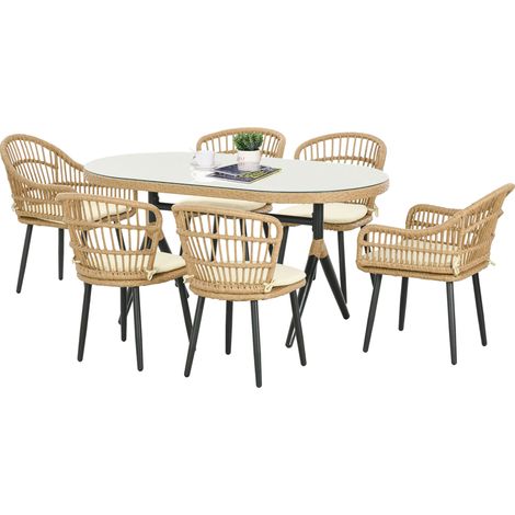 Ensemble de mobilier de jardin pour 6 personnes, ensemble repas en rotin PE – 1 table rectangulaire et 6 chaises avec coussins