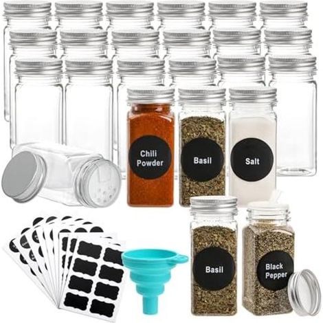 WUWEOT 24 Stück 120 ml Kunststoff-Gewürzgläser, Gewürzflaschen, quadratische Gewürzbehälter, wiederverwendbarer Salz-Pfefferstreuer mit luftdichtem Deckel-Etiketten, Trichter, Stift (1/4)