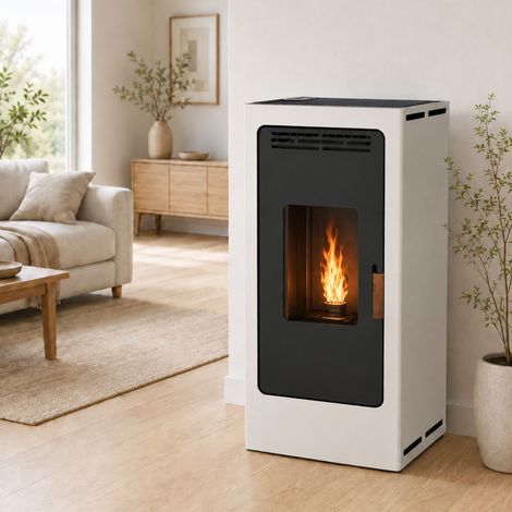 Poêle à granulés silencieux étanche fonte - FIREMATIC BR9 PREMIUM 8 kW Blanc - Sans module wifi - Avec KIT de canalisation - Sans kit thermostat - Sans plaque de sol