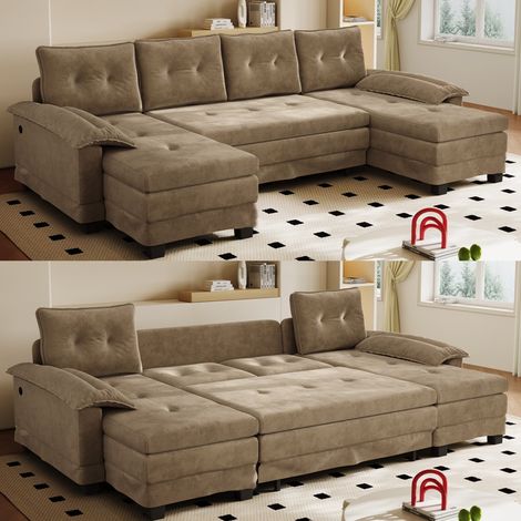 Canapé convertible U 278 cm – Canapé 5 Places avec lit escamotable – USB intégré – Accoudoirs amovibles – Design modulaire extra large – Couleur khaki – Pour salon moderne ou grand espace (1/5)