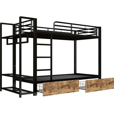 Litera 90 x 200 cm en metal y MDF, 2 cajones, estantes, tira LED, perchero, negro HOMVRA (1/5)