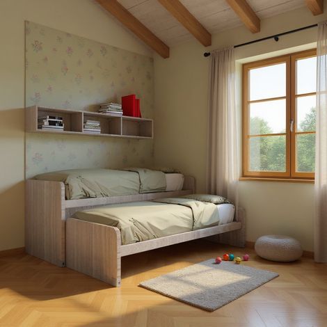 Coppia letti singoli scorrevoli con ruote e contenitori - Made in Italy - Rovere rock