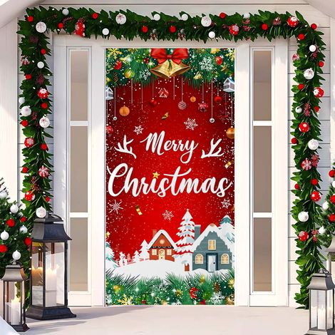 Rideau de porte de Noël 2026, bannière extérieure avec fond photo Père Noël et chien, tissu à suspendre - 90 x 180 cm (œillets + ruban) - 63