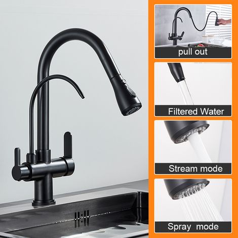Robinet de cuisine 360° à 3 voies – Mitigeur eau chaude/froide avec filtre à eau, pulvérisateur extractible et 3 modes de jet