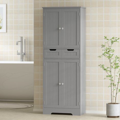Mobiletto da bagno con cassetto, armadietto con ante, ripiano regolabile, 60 x 30 x 160 cm, grigio