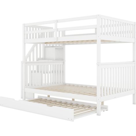 Litera 140x200 cm blanca con cama nido, escalera con estantes, barandillas altas, EN747-1 (1/5)