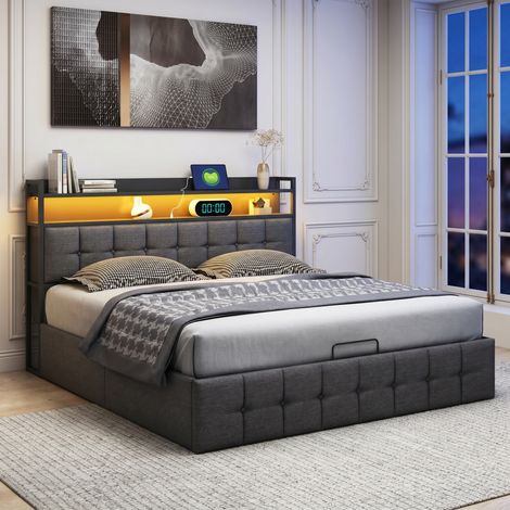 Lit 140x190 cm avec sommier et rangement hydraulique, Lit coffre 140x190 cm avec éclairage LED et ports USB, Tête de lit capitonné, Lit 2 personnes pour adulte ado, Lin, Gris (1/5)