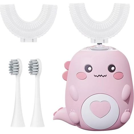 Cepillo de dientes ultrasónico 360º para niños con cabezales de silicona en forma de U, color rosa. (1/5)